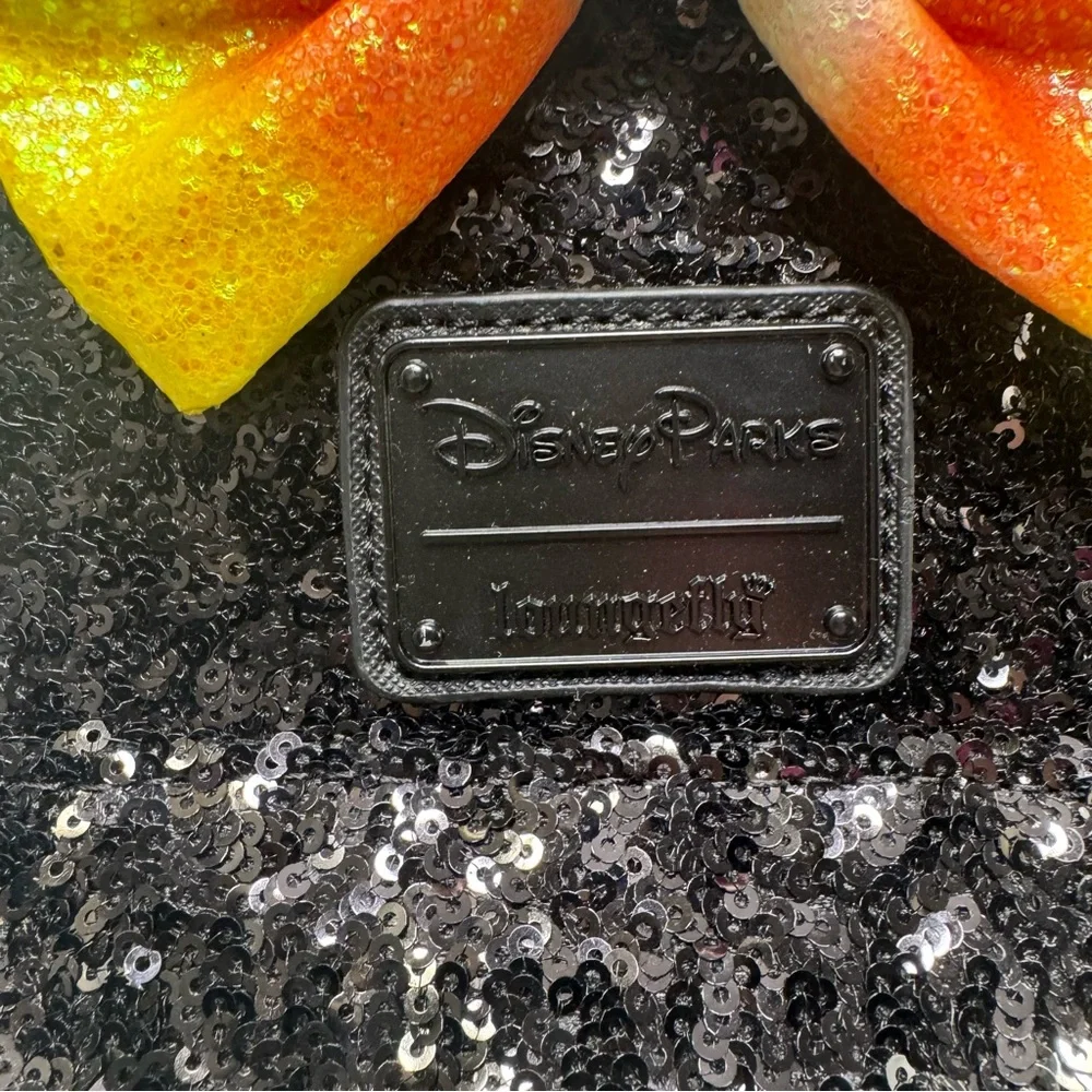 Disney Parks Loungefly Halloween Minnie Mouse Sequin Backpack Candy Corn Bow